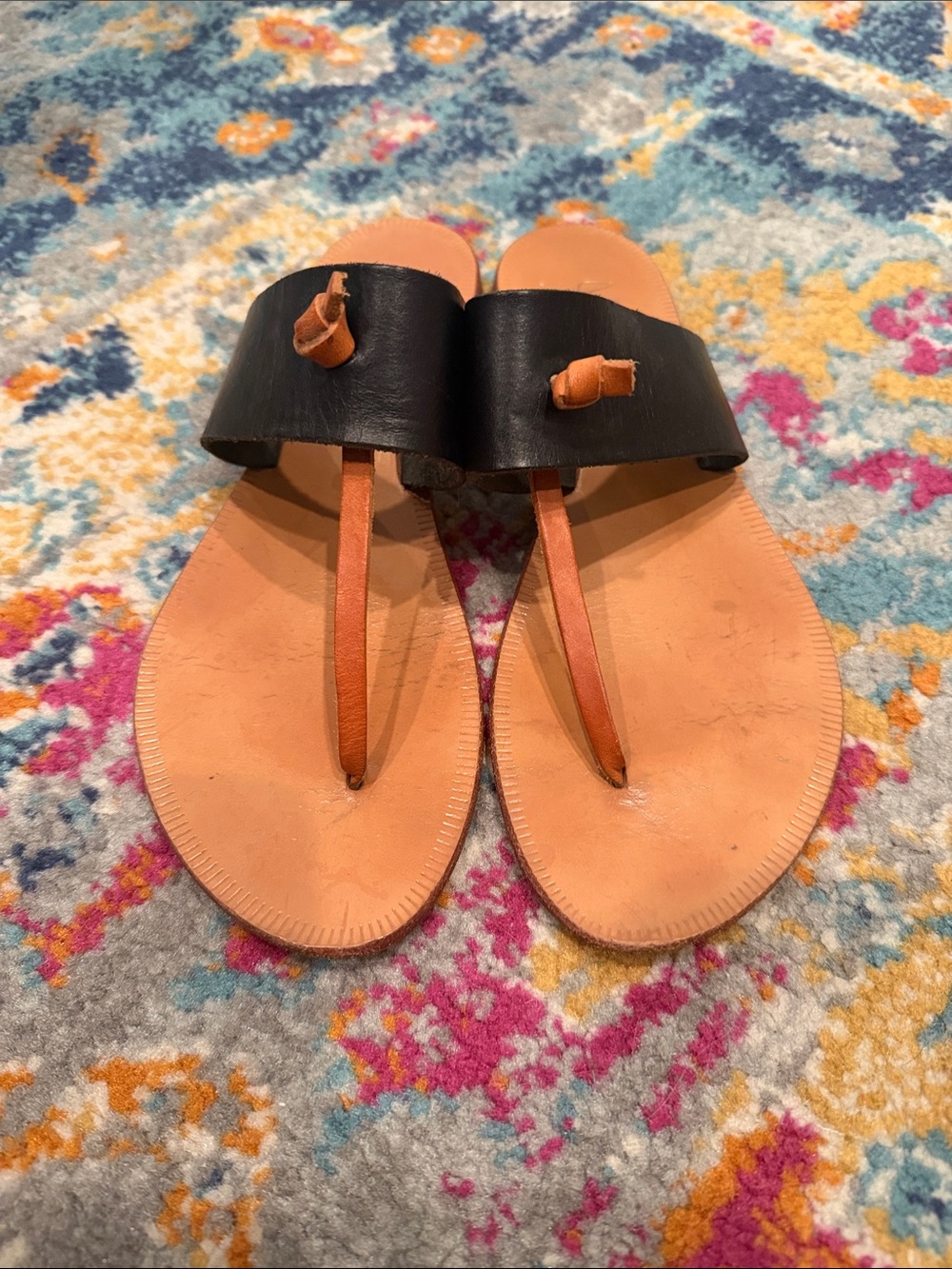 Joie A La Plage  Leather T-strap Slide Sandals in Black and Tan